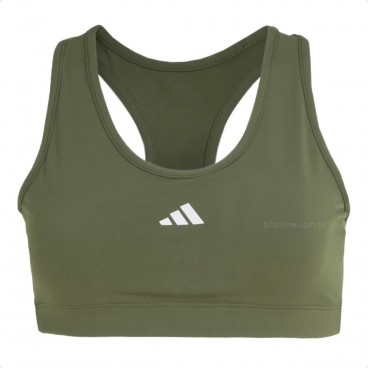 Top Adidas Treino Basico Suporte Medio Feminino Verde Militar / Branco