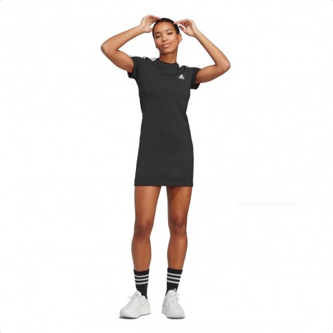 Vestido Camiseta Adidas Essentials 3-Stripes Feminino Preto / Branco