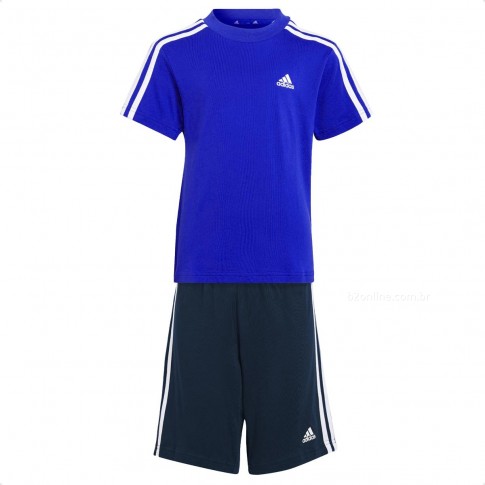 Conjunto Camisa e Calção Adidas Essential 3 Listras Infanil Azul / Preto