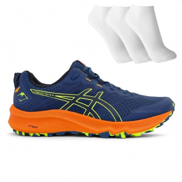 Tênis Asics Gel Trabuco Terra 2 Masculino + 3 Pares de Meia Marinho / Laranja