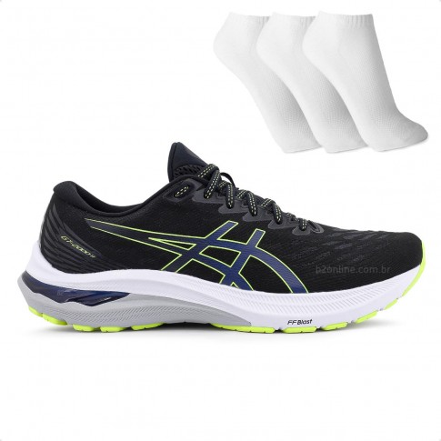 Tênis Asics GT 2000 11 Masculino + 3 Pares de Meia Preto / Amarelo