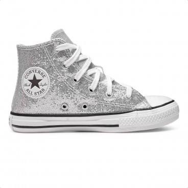 Tênis Converse Chuck Taylor All Star Cano Alto Juvenil Prata / Branco