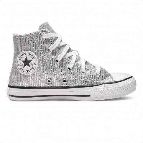 Tênis Converse Chuck Taylor All Star Cano Alto Juvenil Prata / Branco