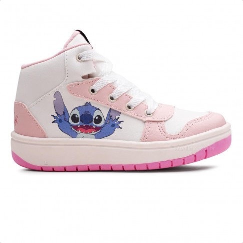 Tênis Disney Casual Stitch Juvenil Cano Alto Branco / Rosa