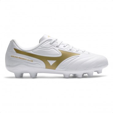 Chuteira Campo Mizuno Regent Club MD Masculina Branco / Dourado