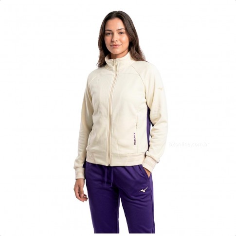 Conjunto Agasalho Mizuno Root III Feminino Bege / Roxo