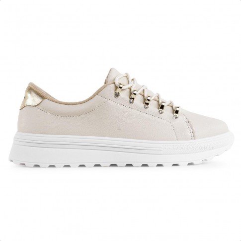 Tênis Casual Moleca Cadarço Ilhós Feminino Bege / Dourado