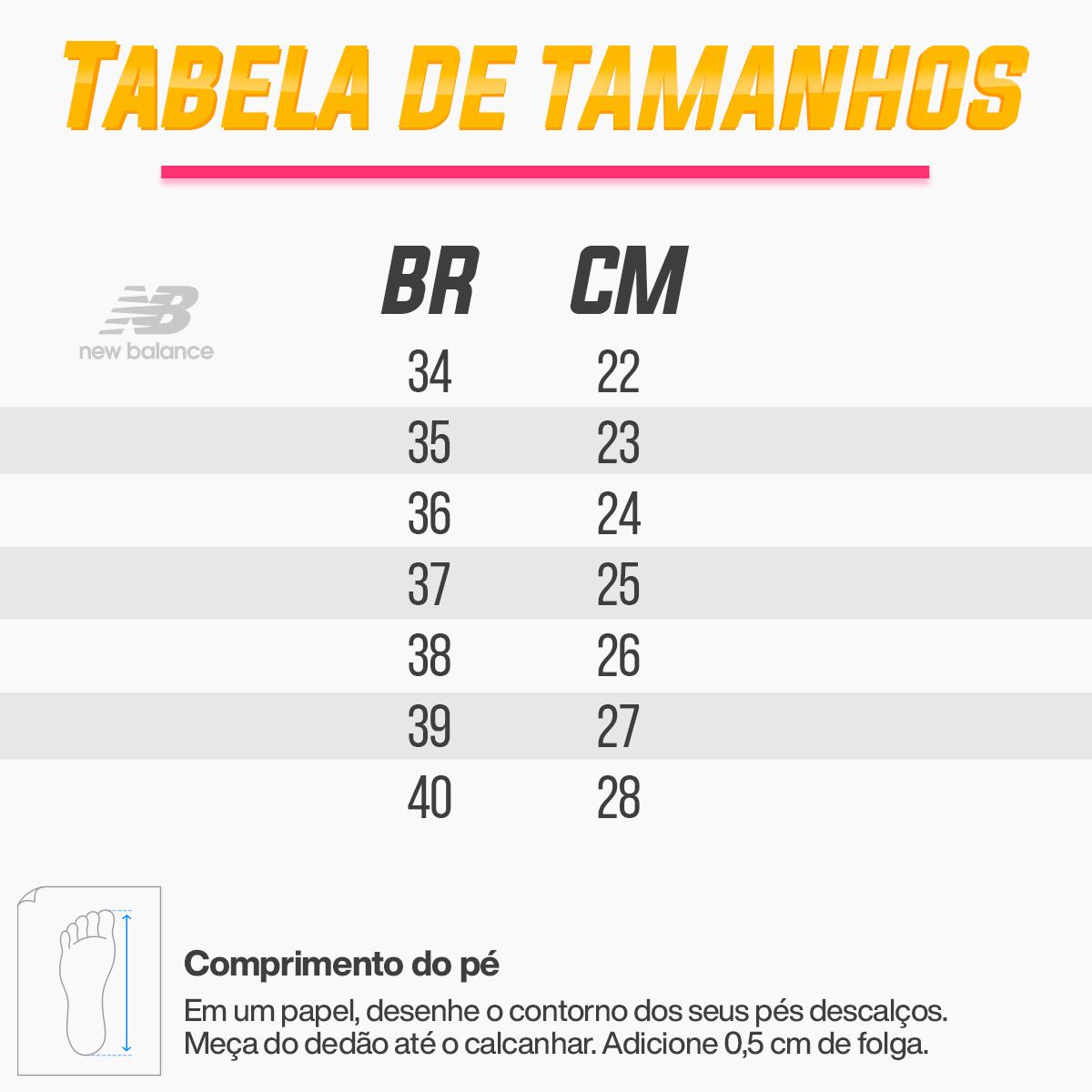 Tabela de medidas de hot sale tenis