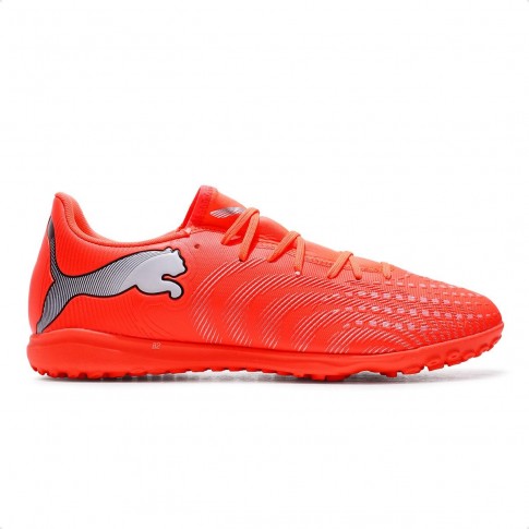 Chuteira Society Puma Future 9 Play TT Masculina Coral / Prata