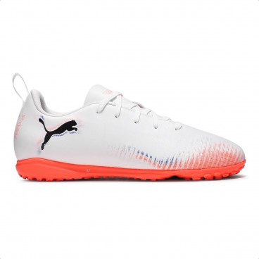 Chuteira Society Puma Future 8 Play TT Juvenil Branco / Coral