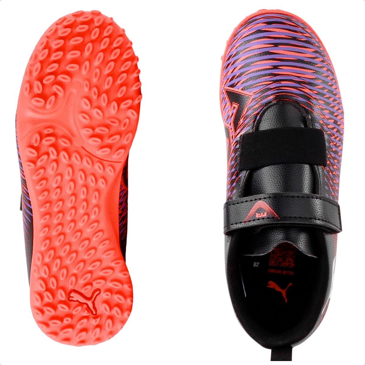 Chuteira Society Puma Future 8 Play TT V Jr Preto / Coral