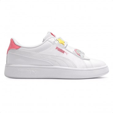Tênis Puma Smash 3.0 Badges V PS Infantil Branco / Rosa