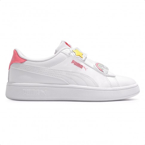 Tênis Puma Smash 3.0 Badges V PS Infantil Branco / Rosa