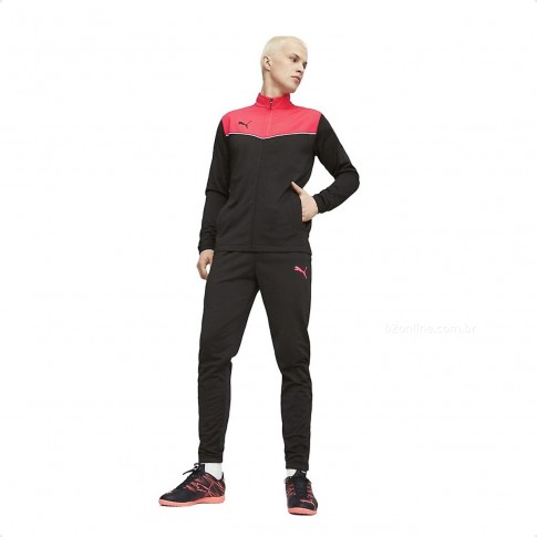 Conjunto Agasalho Puma individualRISE Tracksuit Masculino Preto / Coral