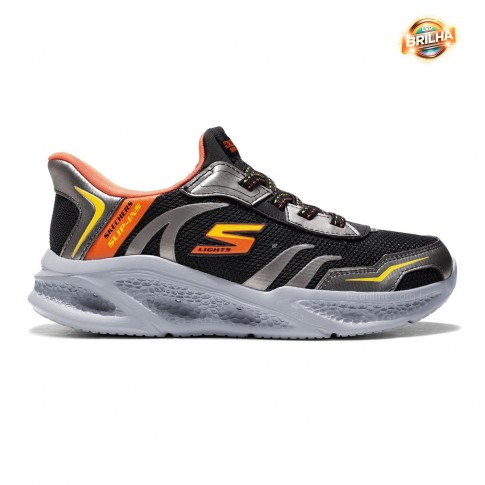 Tênis Skechers Meteor Lights Brisk Infantil Preto / Laranja