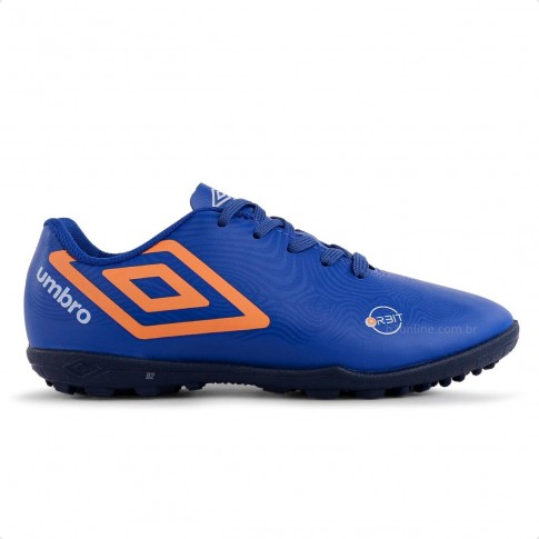 Chuteira Society Umbro Orbit Jr Infantil Azul / Laranja