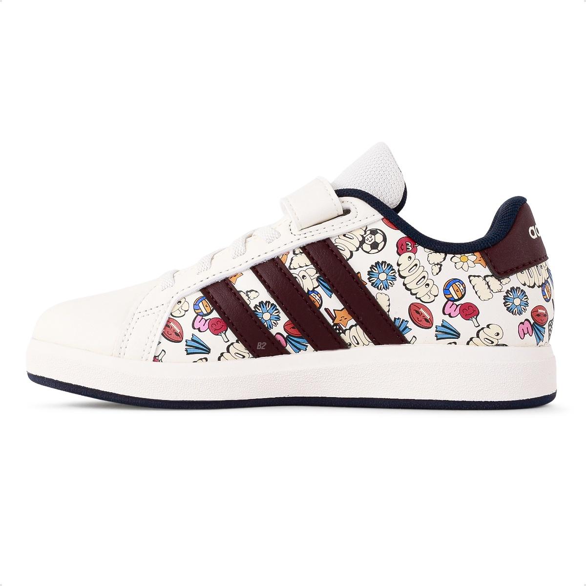 Jr5151 Tênis Adidas Grand Court Printed Infantil Bege / Bordô