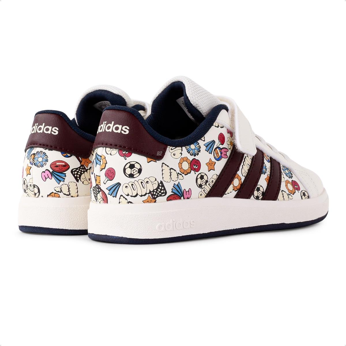 Jr5151 Tênis Adidas Grand Court Printed Infantil Bege / Bordô