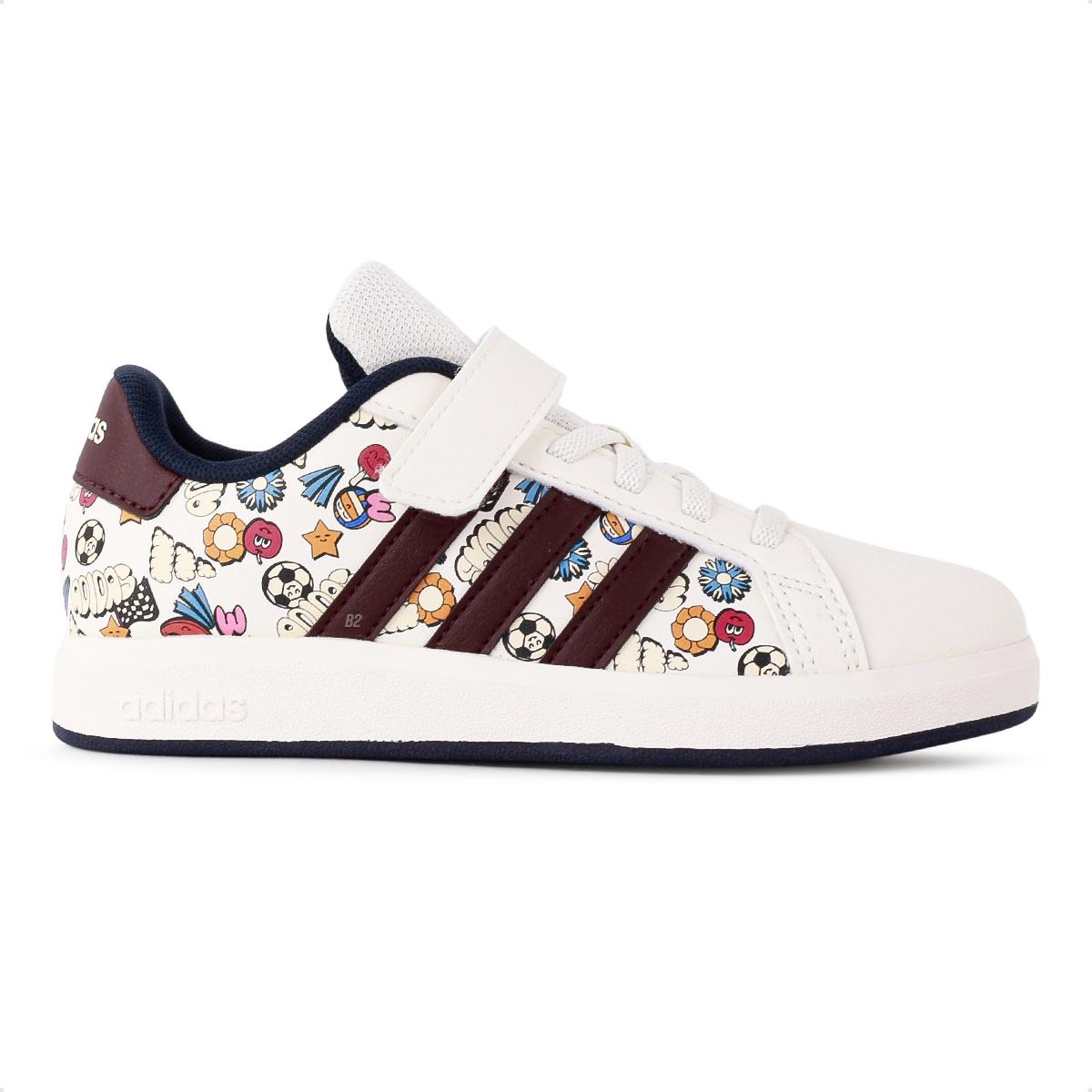 Jr5151 Tênis Adidas Grand Court Printed Infantil Bege / Bordô