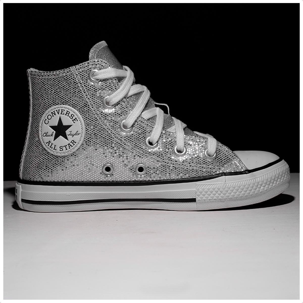 Tênis Converse Chuck Taylor All Star Cano Alto Juvenil Prata / Branco