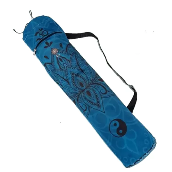 Bolsa de Yoga Estampada para Carregar Tapete - Estampa OM Lótus Yin Yang Azul com Bolso