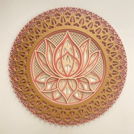 Mandala Lótus 3D Rosê em Camadas de Madeira Feita à Mão - Decore com Boas Energias - 30cm