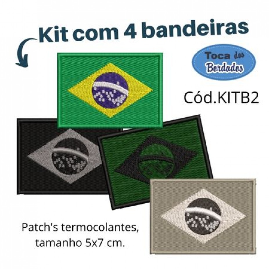 KIT 6 PATCHS BORDADO BANDEIRA BRASIL + 2 FEB + DMR + TEXAS + IMPÉRIO