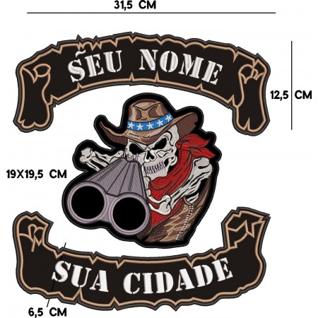 Patch Bordado Cowboy Skull Shotgun Caveira Seu Nome 34x31,5 Cód.1764